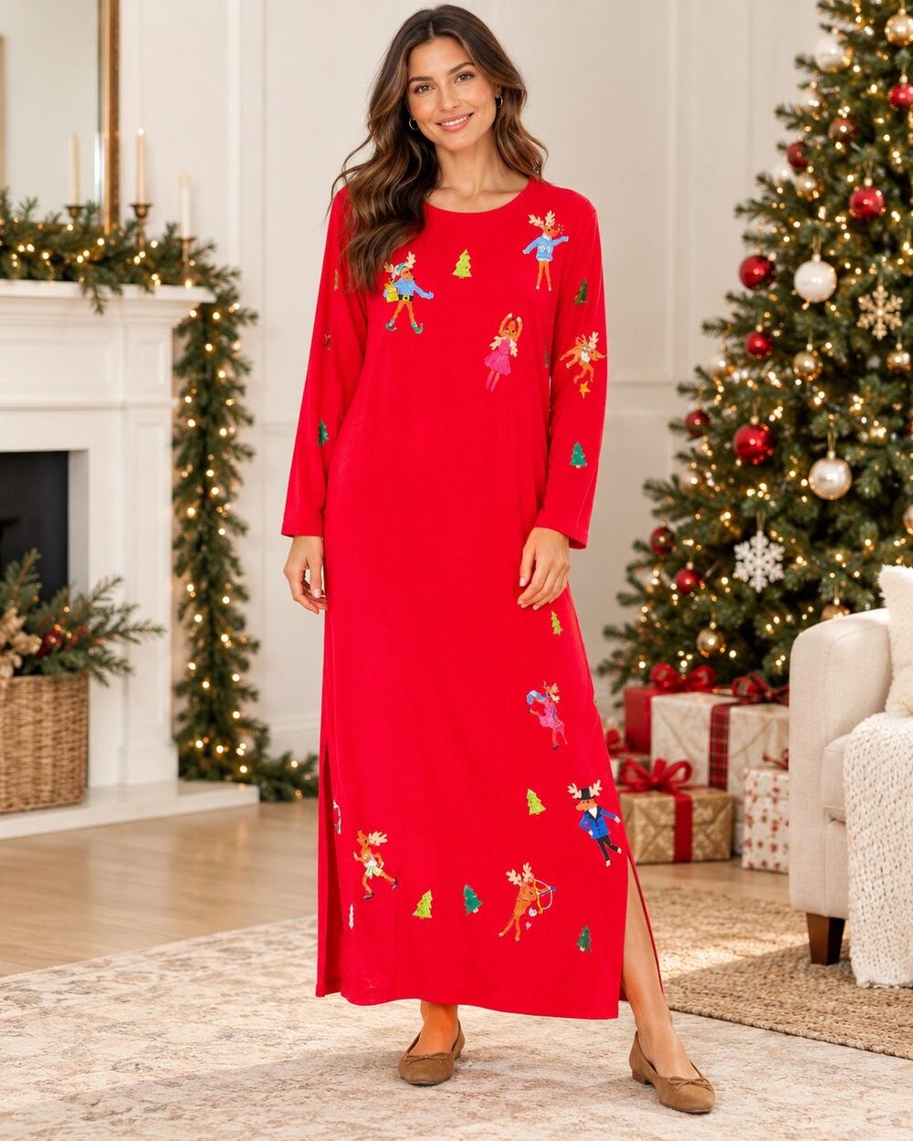 Michael Simon VTG Christmas Embroidered Maxi Dress Reindeer L Festive Holiday